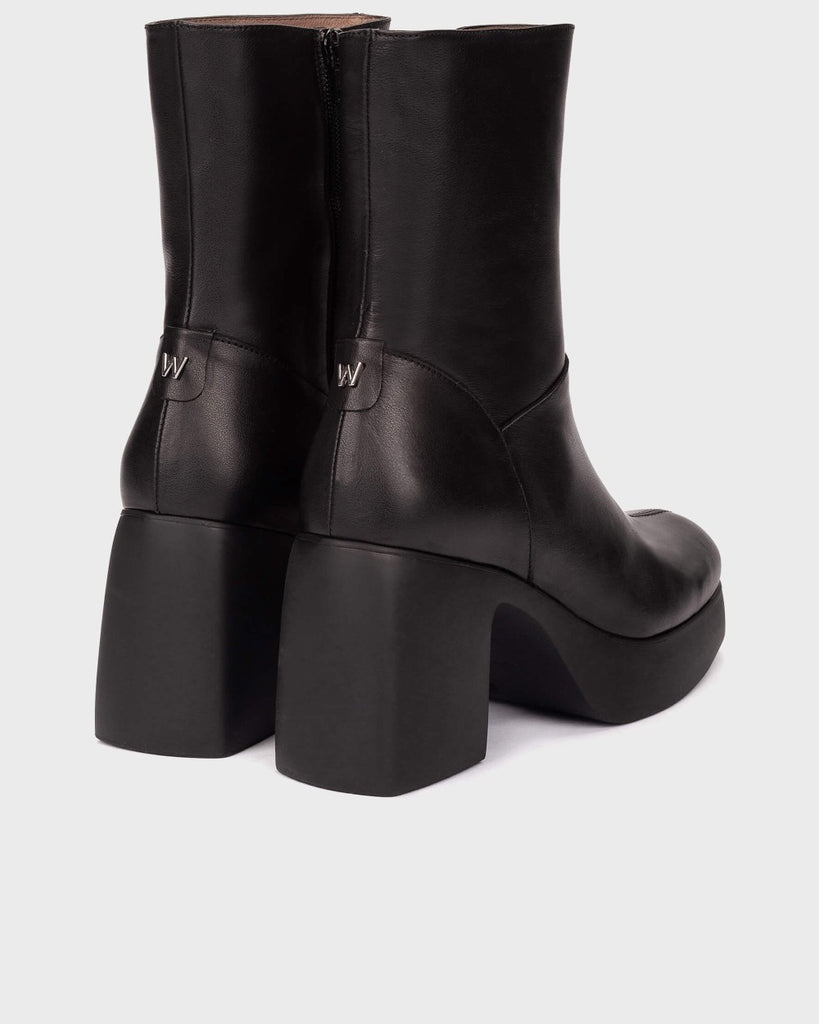 Wonders Black Leather Platform Ankle Boots, rear view.
