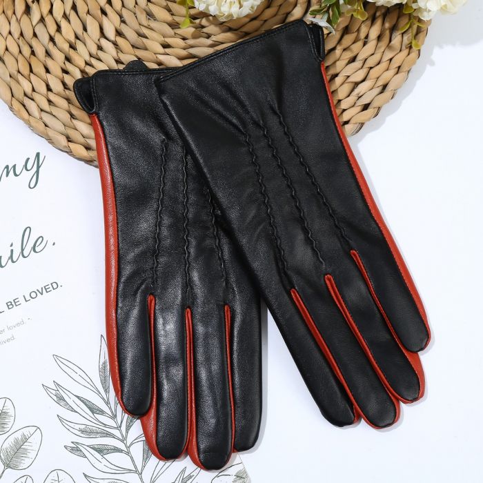 Peach - Black Leather Gloves